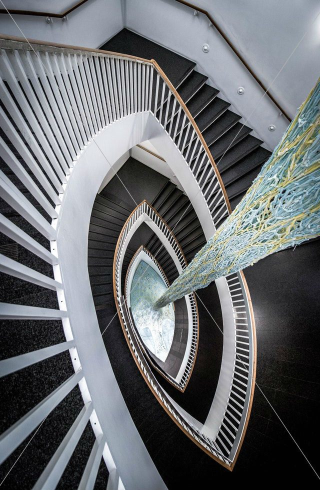 black and white spiral stairs